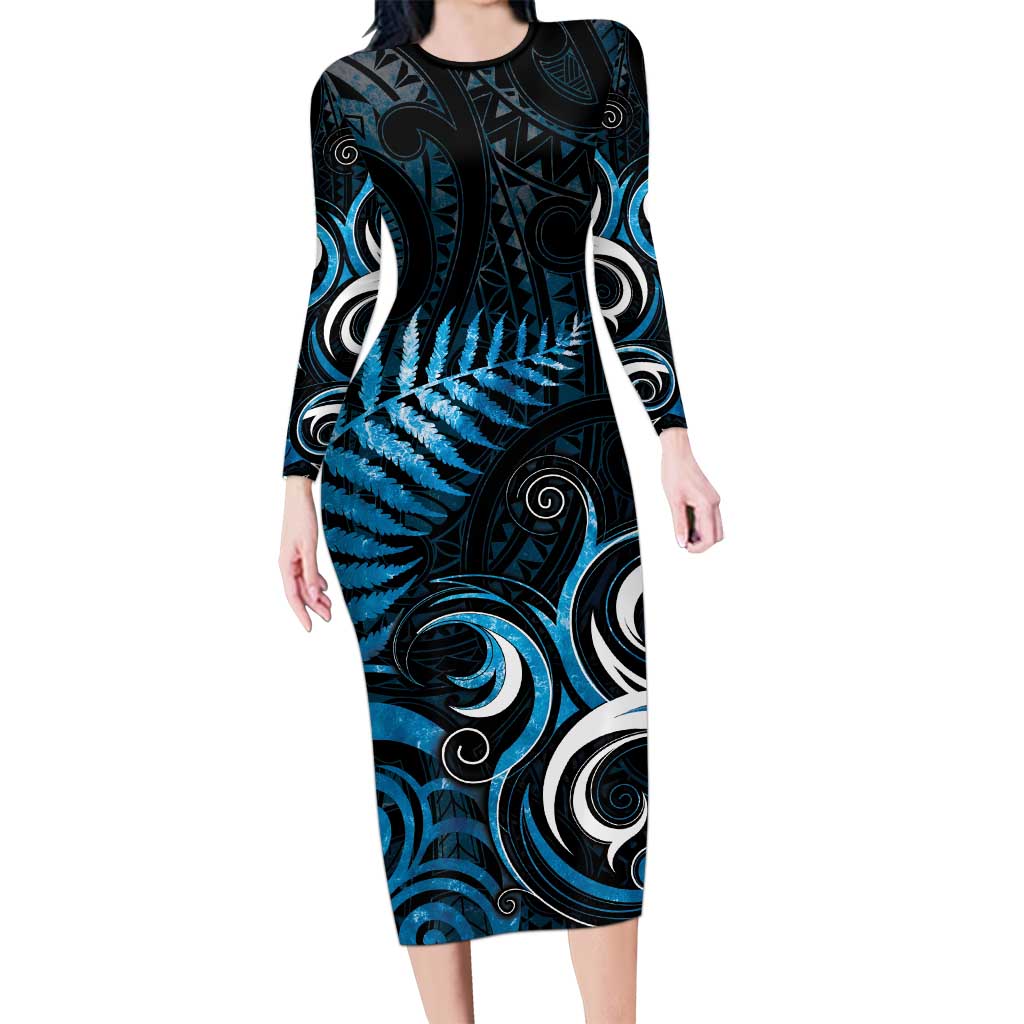 New Zealand Sea Week Family Matching Long Sleeve Bodycon Dress and Hawaiian Shirt Maori Wave Pattern Ocean Blue LT05 Mom's Dress Blue - Polynesian Pride