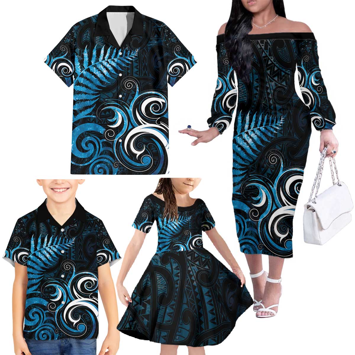 New Zealand Sea Week Family Matching Off The Shoulder Long Sleeve Dress and Hawaiian Shirt Maori Wave Pattern Ocean Blue LT05 - Polynesian Pride