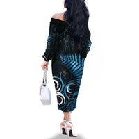 New Zealand Sea Week Family Matching Off The Shoulder Long Sleeve Dress and Hawaiian Shirt Maori Wave Pattern Ocean Blue LT05 - Polynesian Pride