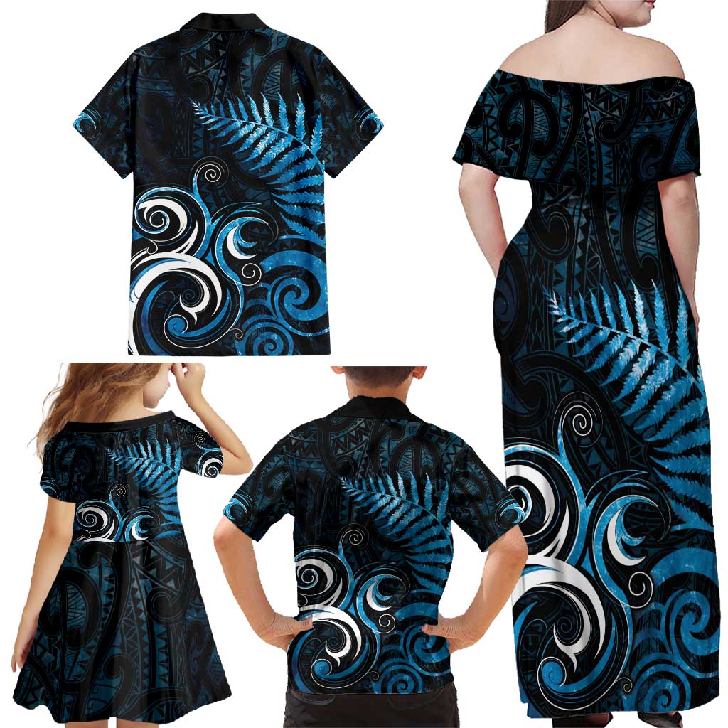 New Zealand Sea Week Family Matching Off Shoulder Maxi Dress and Hawaiian Shirt Maori Wave Pattern Ocean Blue LT05 - Polynesian Pride