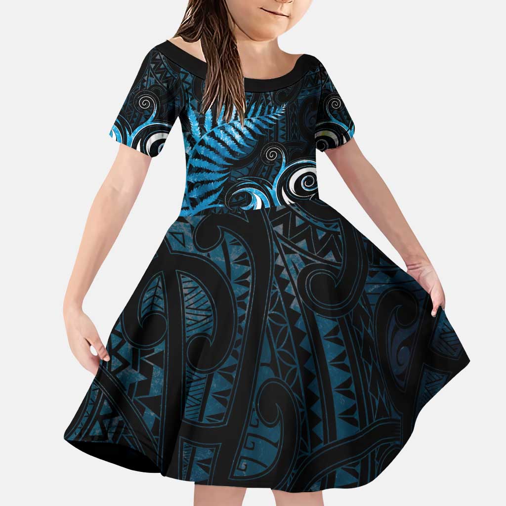 New Zealand Sea Week Family Matching Puletasi and Hawaiian Shirt Maori Wave Pattern Ocean Blue LT05 Daughter's Dress Blue - Polynesian Pride