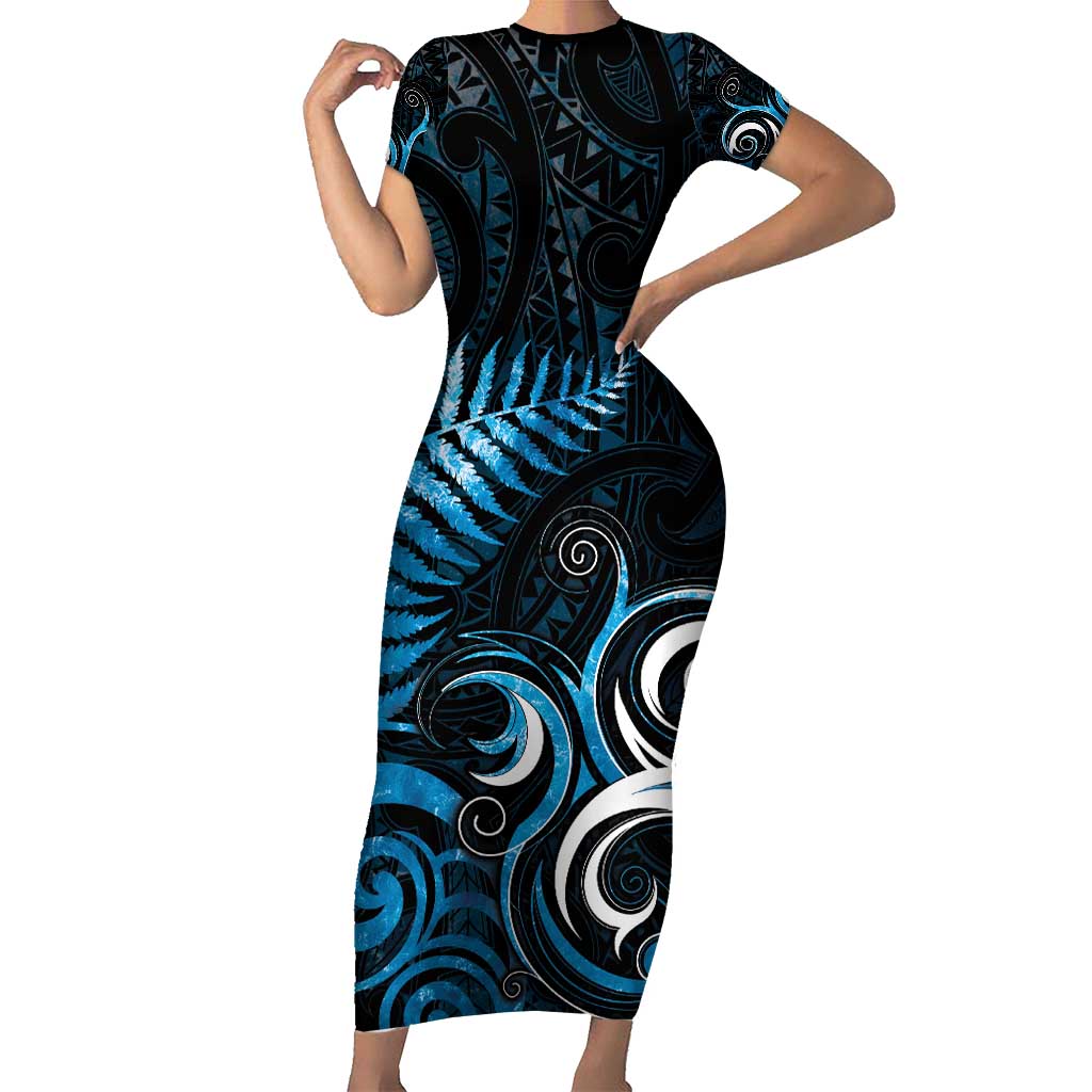 New Zealand Sea Week Family Matching Short Sleeve Bodycon Dress and Hawaiian Shirt Maori Wave Pattern Ocean Blue LT05 Mom's Dress Blue - Polynesian Pride