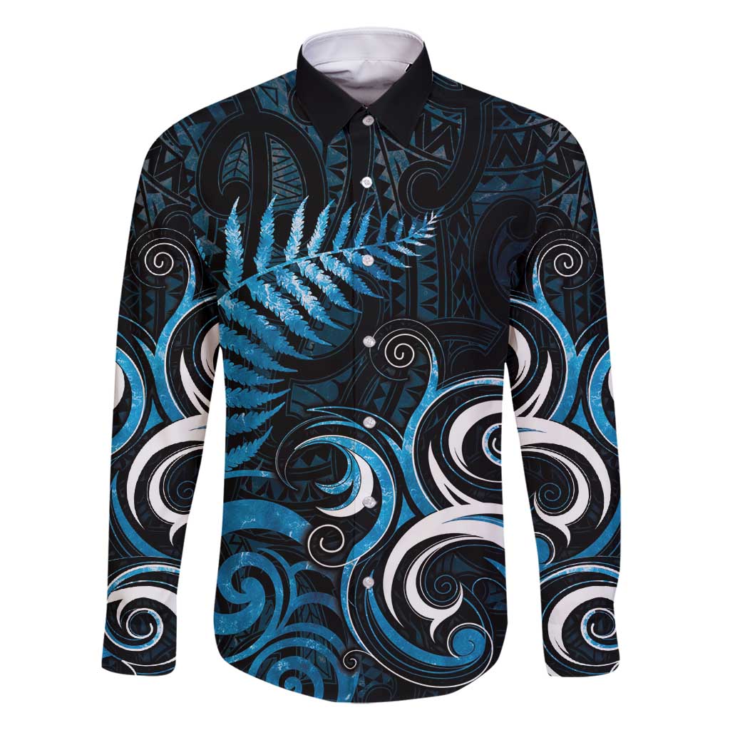 New Zealand Sea Week Family Matching Summer Maxi Dress and Hawaiian Shirt Maori Wave Pattern Ocean Blue LT05 Dad's Shirt - Long Sleeve Blue - Polynesian Pride