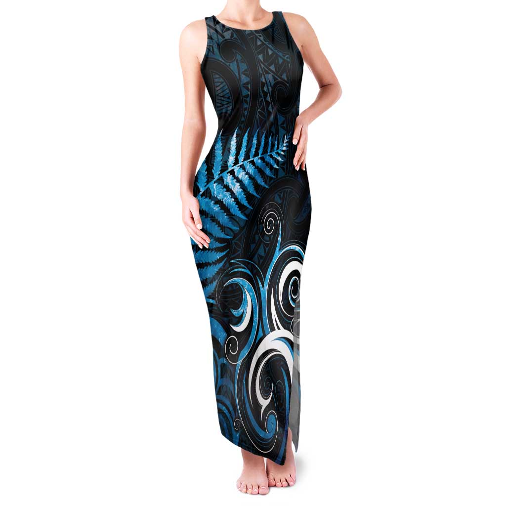 New Zealand Sea Week Family Matching Tank Maxi Dress and Hawaiian Shirt Maori Wave Pattern Ocean Blue LT05 Mom's Dress Blue - Polynesian Pride