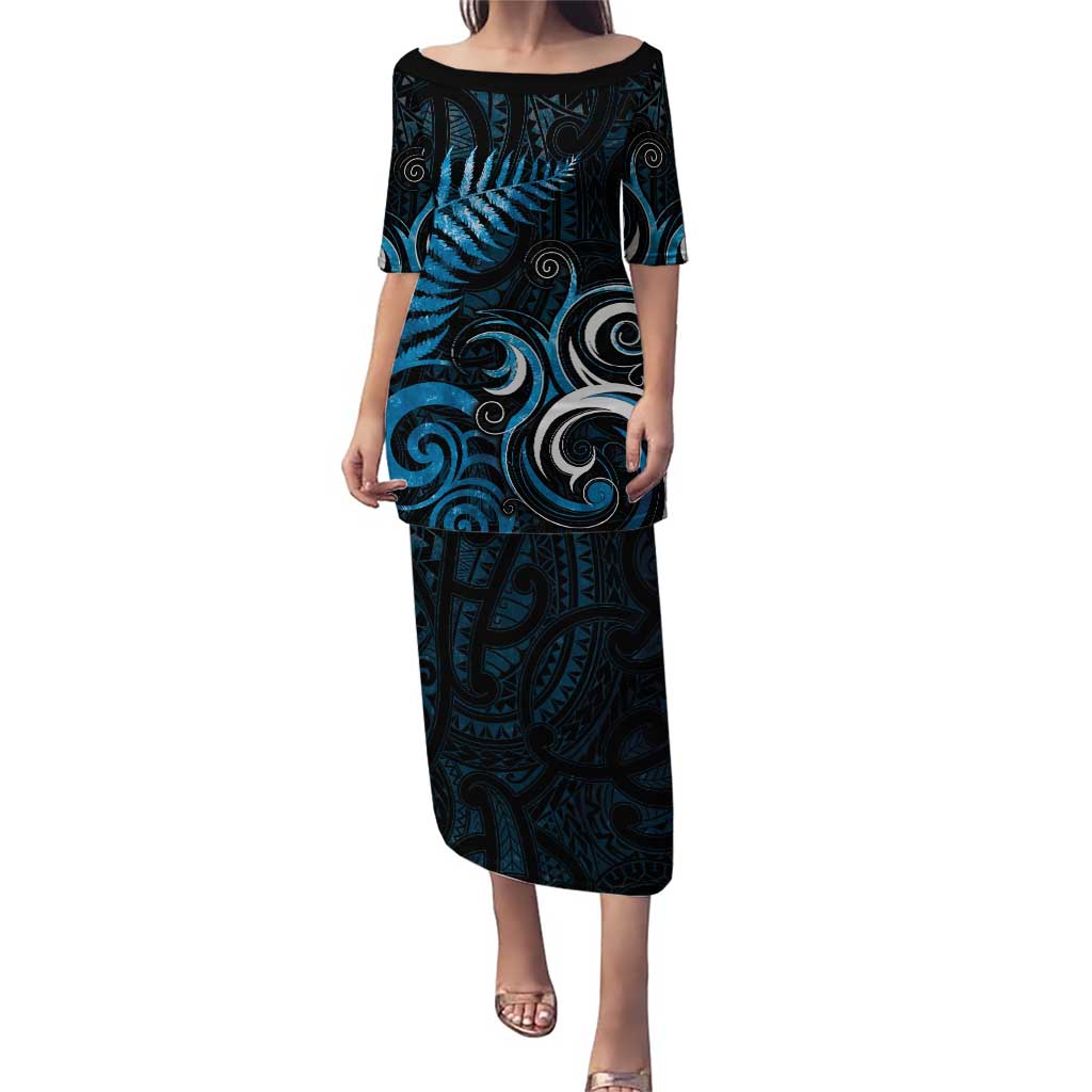 New Zealand Sea Week Puletasi Maori Wave Pattern Ocean Blue LT05 Long Dress Blue - Polynesian Pride