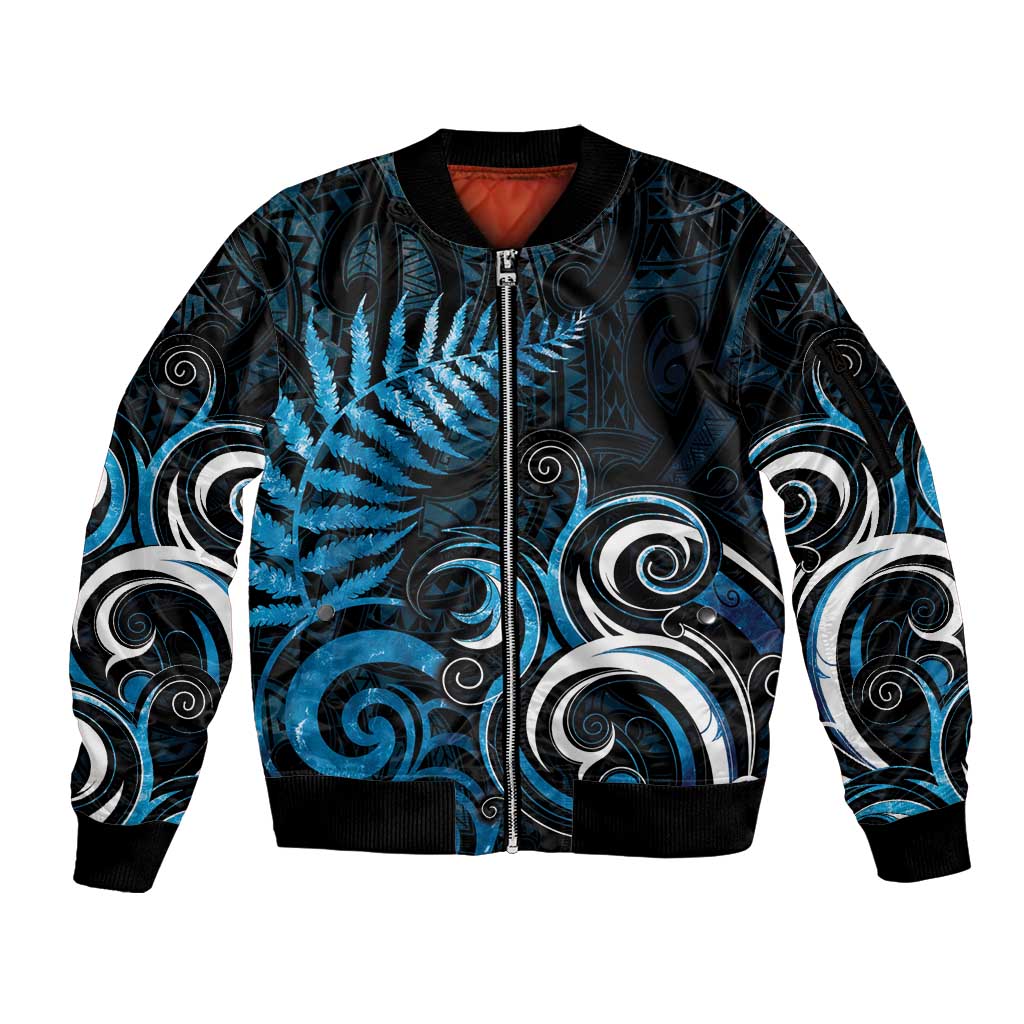 New Zealand Sea Week Sleeve Zip Bomber Jacket Maori Wave Pattern Ocean Blue LT05 Unisex Blue - Polynesian Pride
