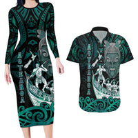 Personalised New Zealand Waka Racing Couples Matching Long Sleeve Bodycon Dress and Hawaiian Shirt Maori Warriors LT05 Green - Polynesian Pride