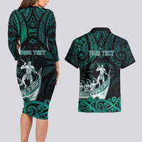 Personalised New Zealand Waka Racing Couples Matching Long Sleeve Bodycon Dress and Hawaiian Shirt Maori Warriors LT05 - Polynesian Pride