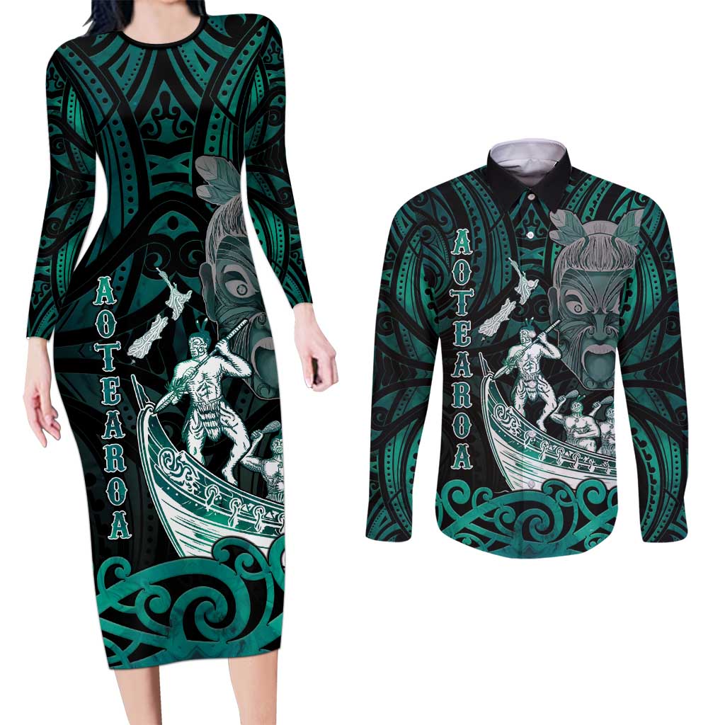 Personalised New Zealand Waka Racing Couples Matching Long Sleeve Bodycon Dress and Long Sleeve Button Shirt Maori Warriors LT05 Green - Polynesian Pride
