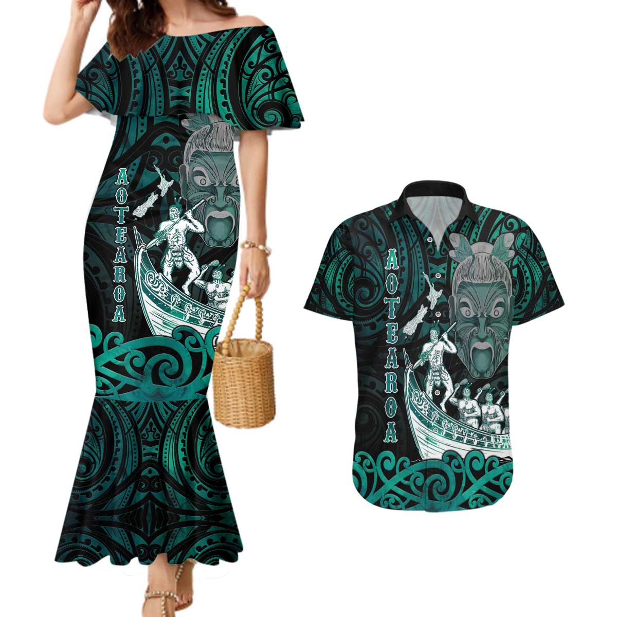 Personalised New Zealand Waka Racing Couples Matching Mermaid Dress and Hawaiian Shirt Maori Warriors LT05 Green - Polynesian Pride