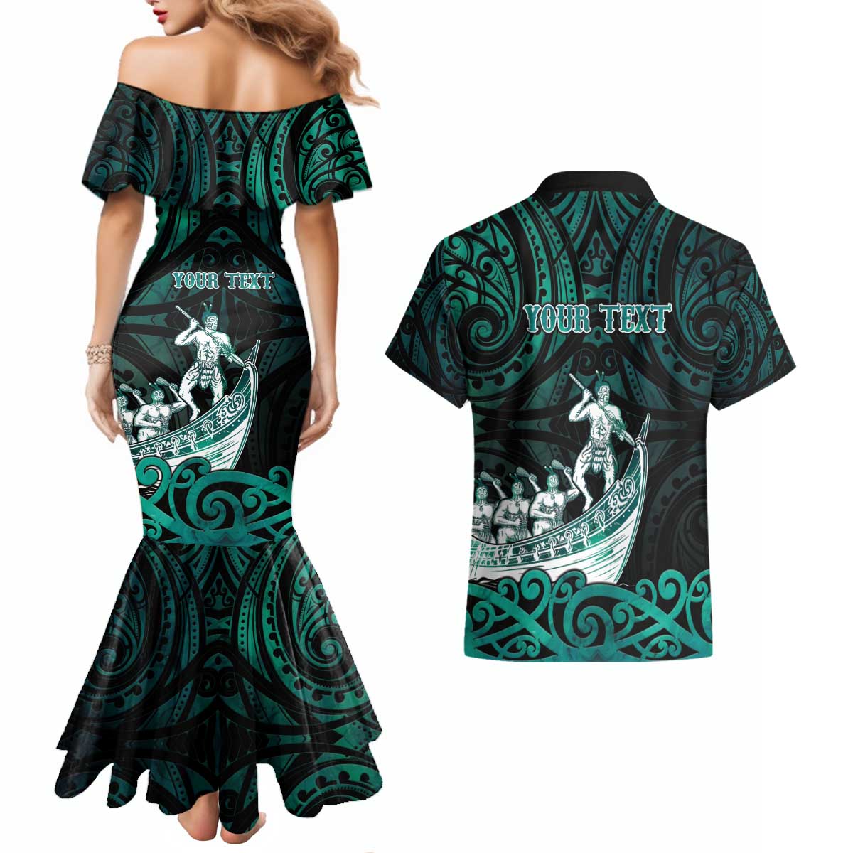 Personalised New Zealand Waka Racing Couples Matching Mermaid Dress and Hawaiian Shirt Maori Warriors LT05 - Polynesian Pride