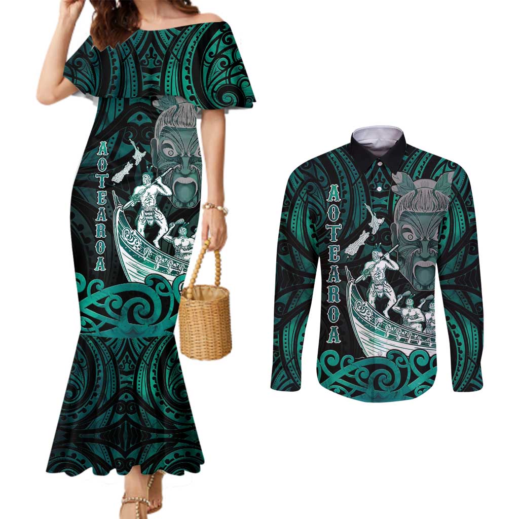 Personalised New Zealand Waka Racing Couples Matching Mermaid Dress and Long Sleeve Button Shirt Maori Warriors LT05 Green - Polynesian Pride