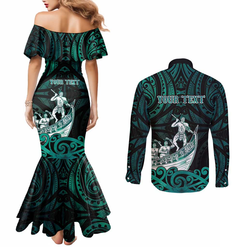 Personalised New Zealand Waka Racing Couples Matching Mermaid Dress and Long Sleeve Button Shirt Maori Warriors LT05 - Polynesian Pride