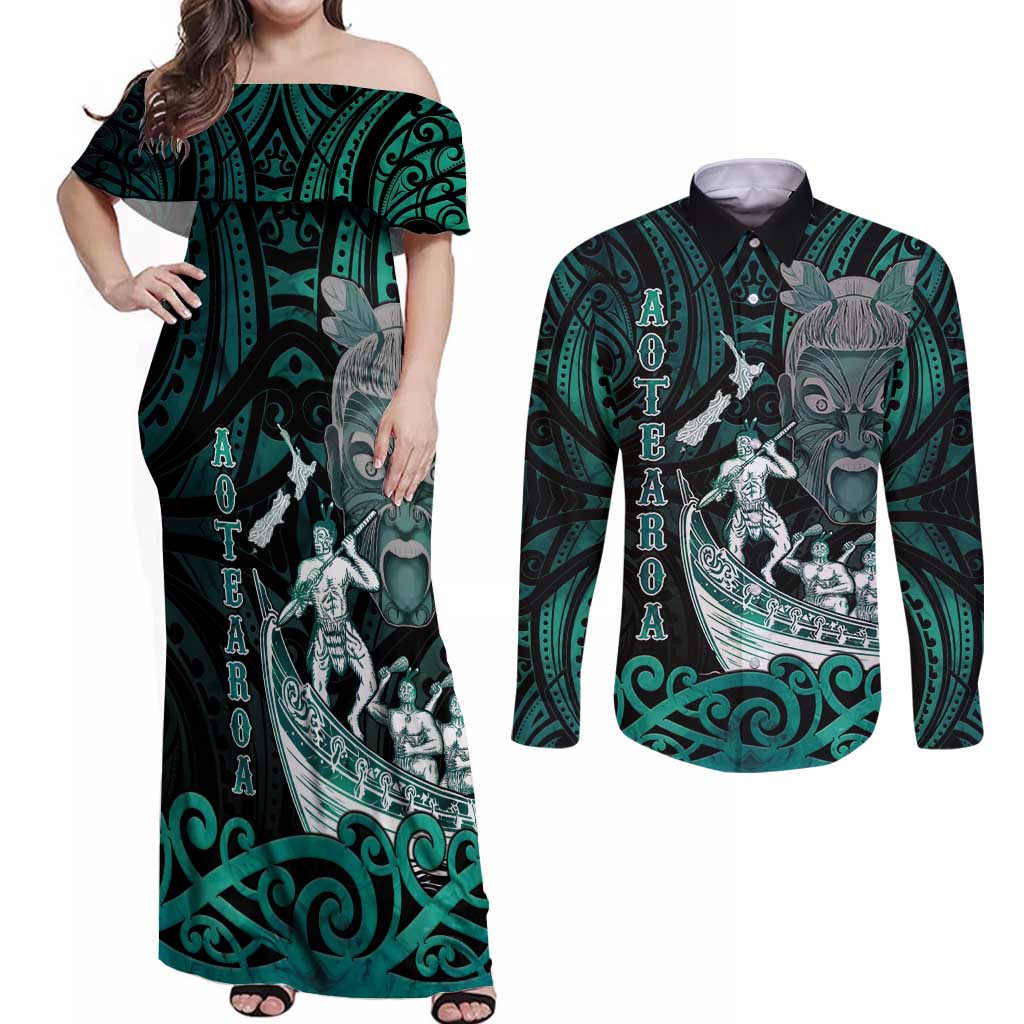 Personalised New Zealand Waka Racing Couples Matching Off Shoulder Maxi Dress and Long Sleeve Button Shirt Maori Warriors LT05 Green - Polynesian Pride