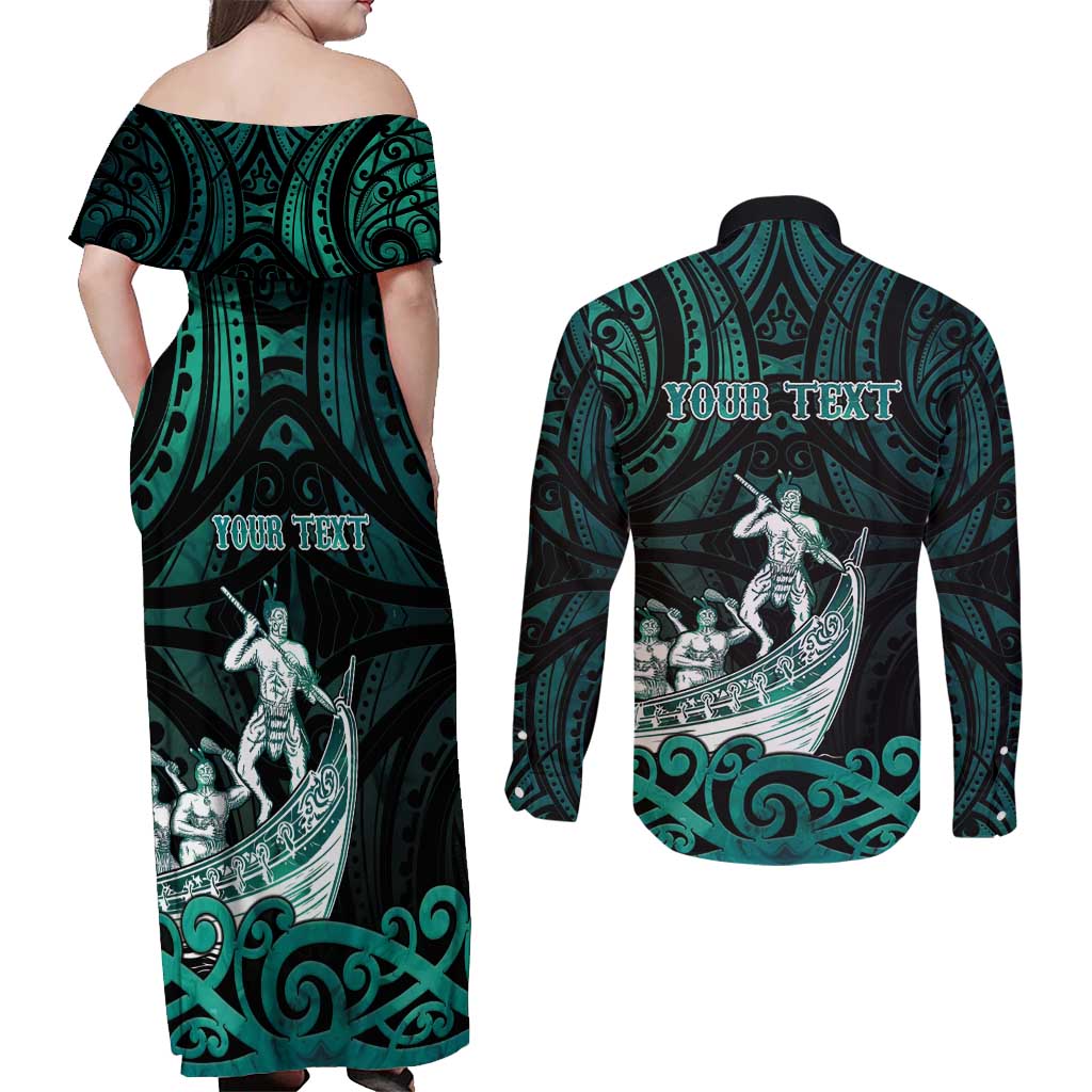 Personalised New Zealand Waka Racing Couples Matching Off Shoulder Maxi Dress and Long Sleeve Button Shirt Maori Warriors LT05 - Polynesian Pride
