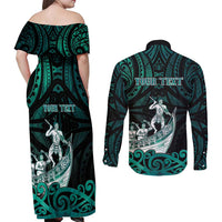 Personalised New Zealand Waka Racing Couples Matching Off Shoulder Maxi Dress and Long Sleeve Button Shirt Maori Warriors LT05 - Polynesian Pride