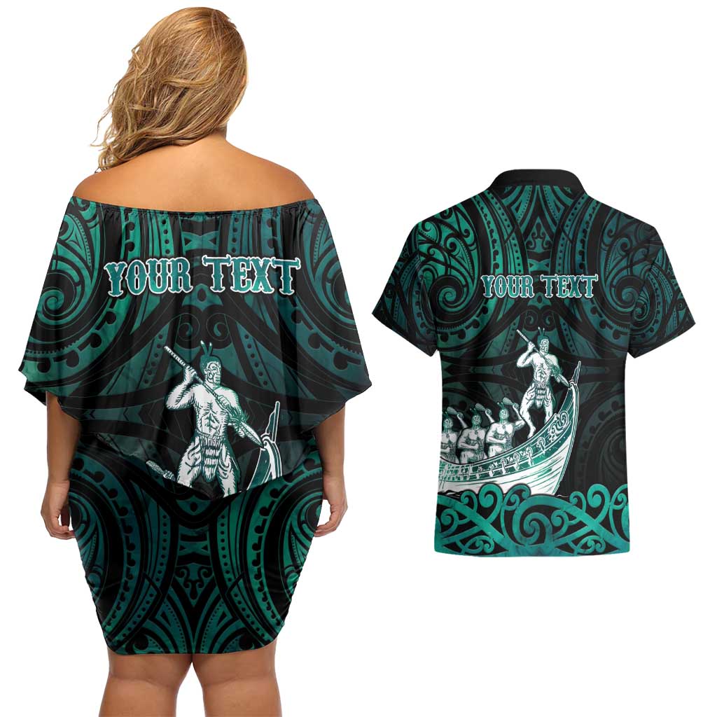 Personalised New Zealand Waka Racing Couples Matching Off Shoulder Short Dress and Hawaiian Shirt Maori Warriors LT05 - Polynesian Pride