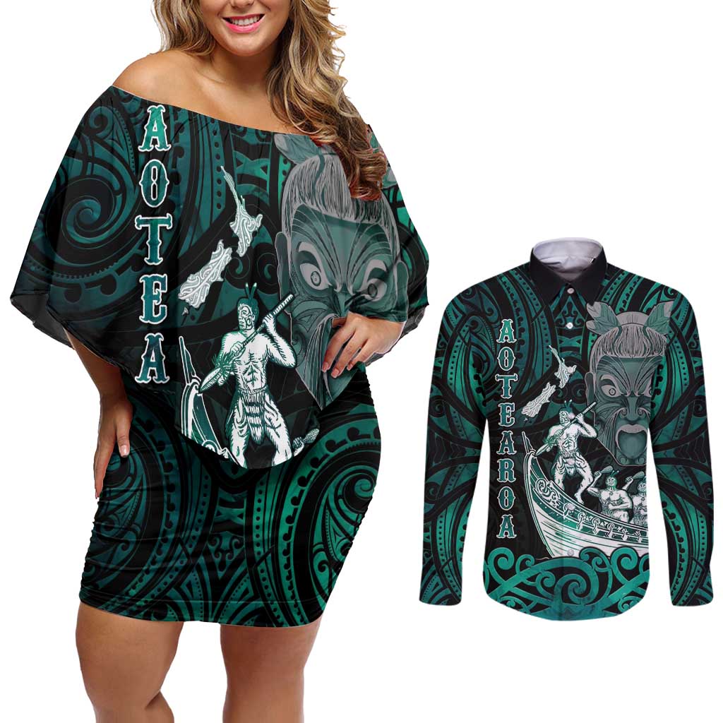 Personalised New Zealand Waka Racing Couples Matching Off Shoulder Short Dress and Long Sleeve Button Shirt Maori Warriors LT05 Green - Polynesian Pride