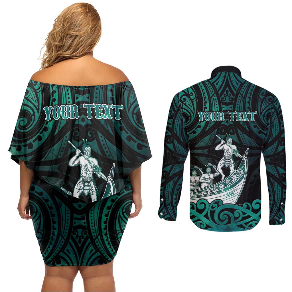 Personalised New Zealand Waka Racing Couples Matching Off Shoulder Short Dress and Long Sleeve Button Shirt Maori Warriors LT05 - Polynesian Pride