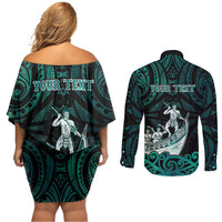 Personalised New Zealand Waka Racing Couples Matching Off Shoulder Short Dress and Long Sleeve Button Shirt Maori Warriors LT05 - Polynesian Pride