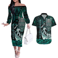 Personalised New Zealand Waka Racing Couples Matching Off The Shoulder Long Sleeve Dress and Hawaiian Shirt Maori Warriors LT05 Green - Polynesian Pride