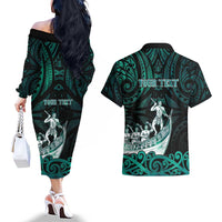 Personalised New Zealand Waka Racing Couples Matching Off The Shoulder Long Sleeve Dress and Hawaiian Shirt Maori Warriors LT05 - Polynesian Pride