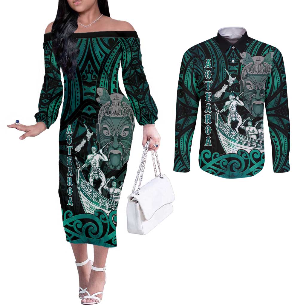 Personalised New Zealand Waka Racing Couples Matching Off The Shoulder Long Sleeve Dress and Long Sleeve Button Shirt Maori Warriors LT05 Green - Polynesian Pride
