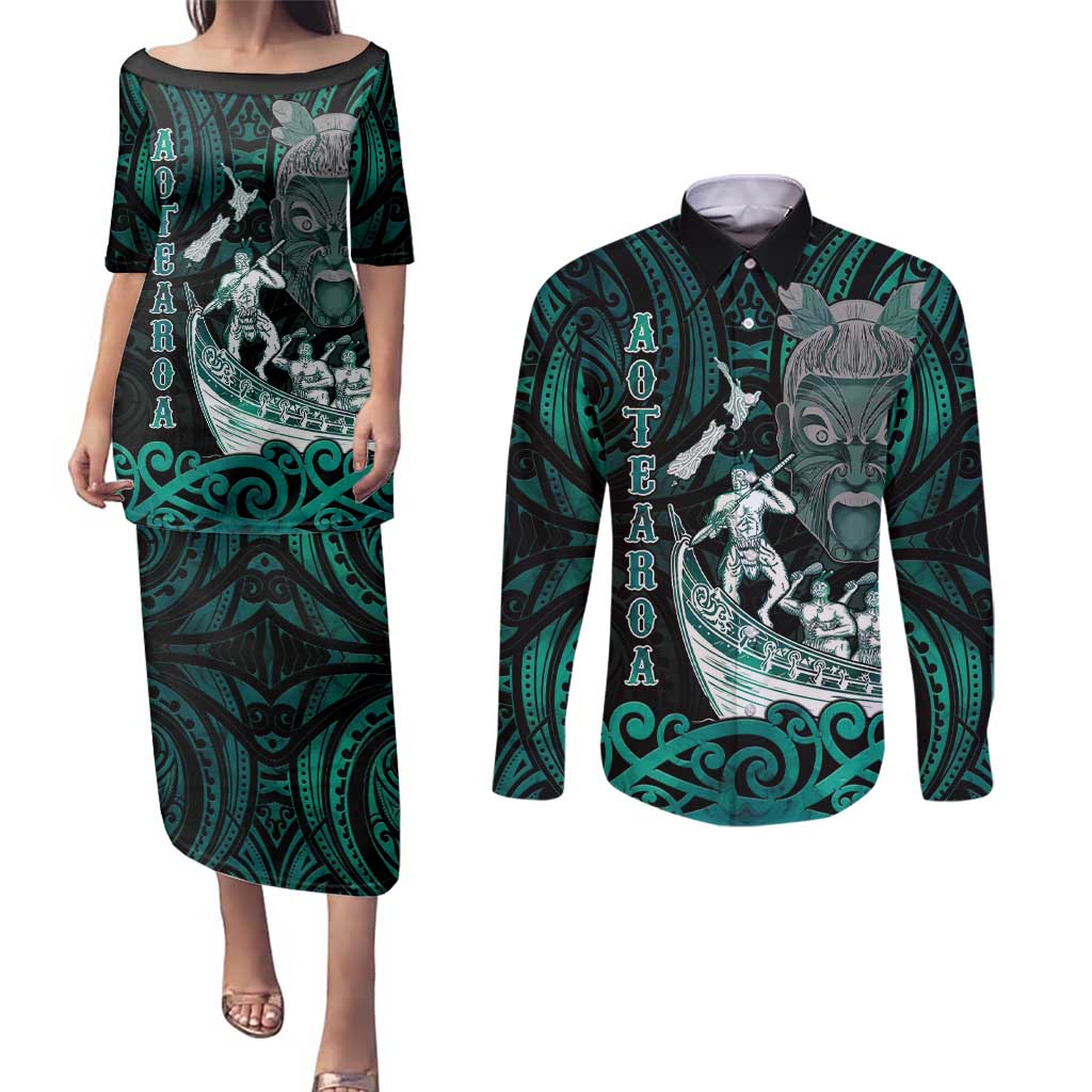 Personalised New Zealand Waka Racing Couples Matching Puletasi and Long Sleeve Button Shirt Maori Warriors LT05 Green - Polynesian Pride