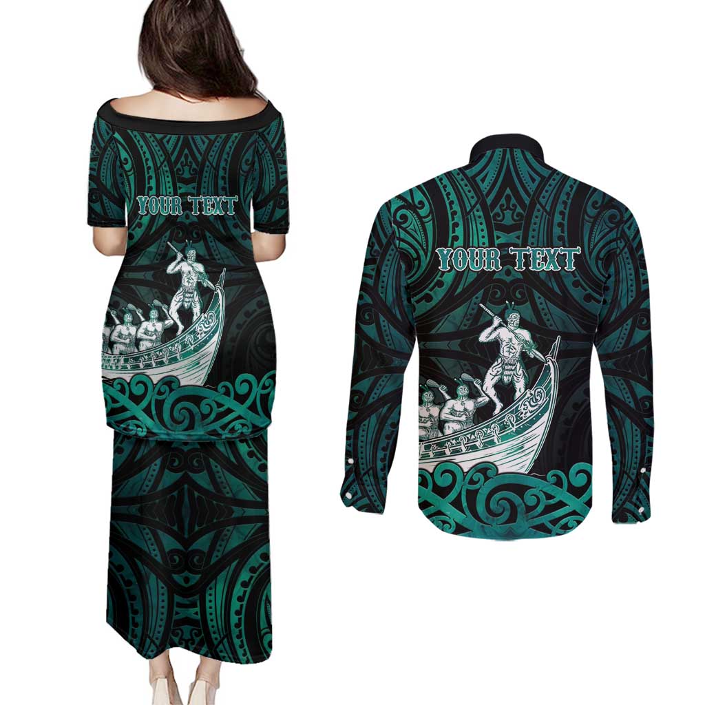 Personalised New Zealand Waka Racing Couples Matching Puletasi and Long Sleeve Button Shirt Maori Warriors LT05 - Polynesian Pride