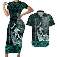 Personalised New Zealand Waka Racing Couples Matching Short Sleeve Bodycon Dress and Hawaiian Shirt Maori Warriors LT05 Green - Polynesian Pride
