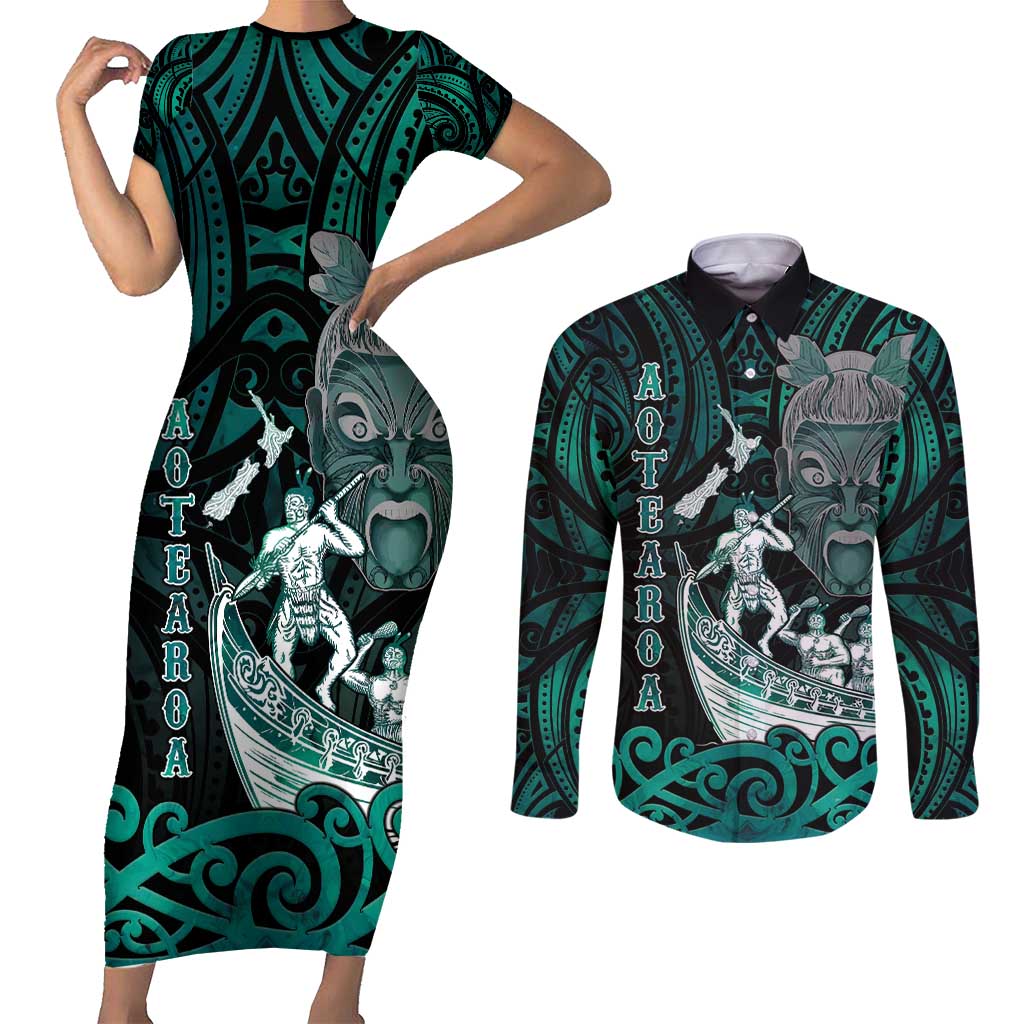 Personalised New Zealand Waka Racing Couples Matching Short Sleeve Bodycon Dress and Long Sleeve Button Shirt Maori Warriors LT05 Green - Polynesian Pride