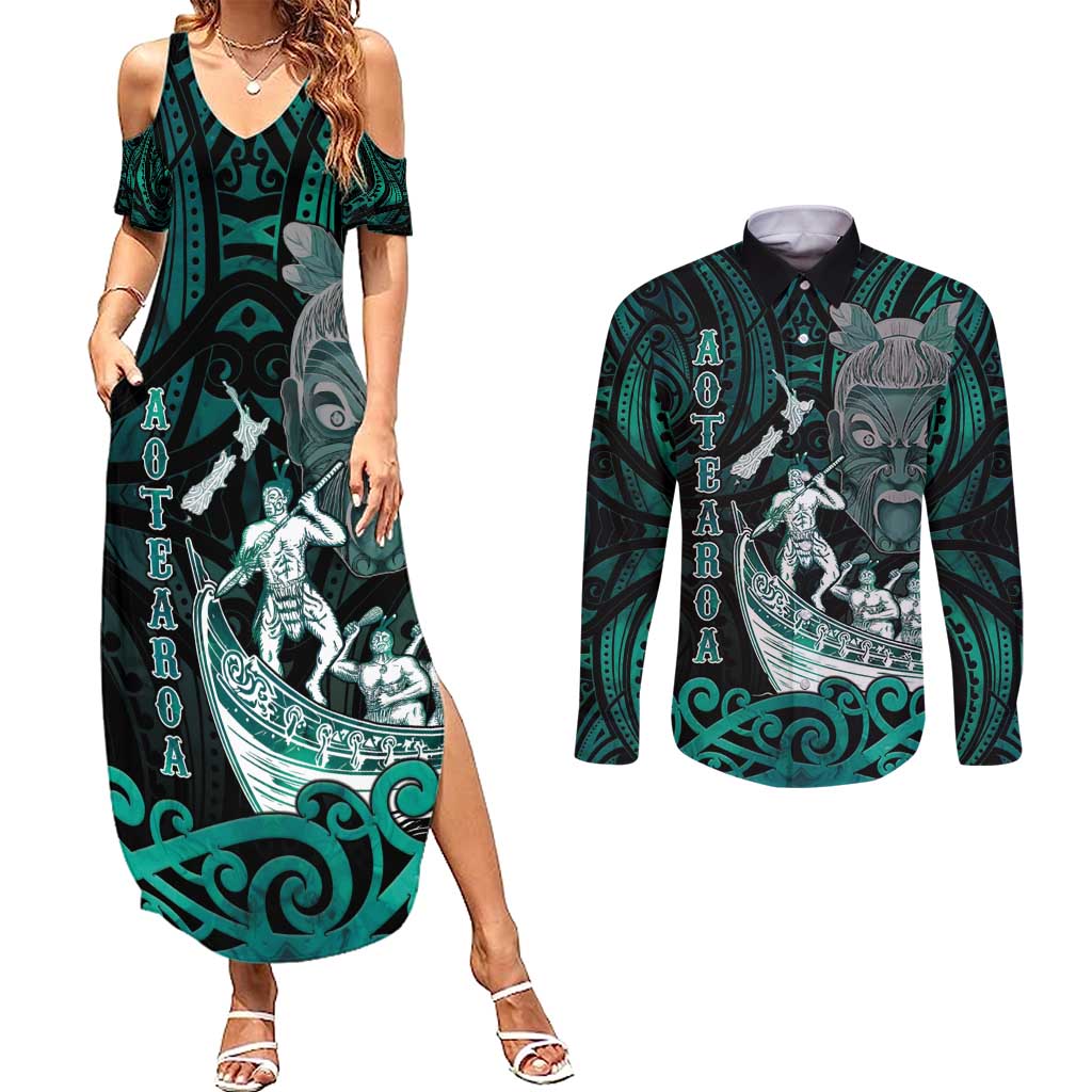 Personalised New Zealand Waka Racing Couples Matching Summer Maxi Dress and Long Sleeve Button Shirt Maori Warriors LT05 Green - Polynesian Pride