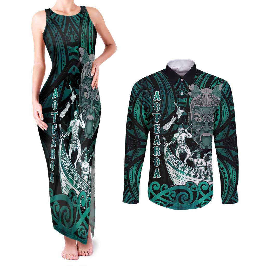 Personalised New Zealand Waka Racing Couples Matching Tank Maxi Dress and Long Sleeve Button Shirt Maori Warriors LT05 Green - Polynesian Pride