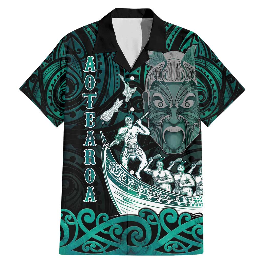 Personalised New Zealand Waka Racing Family Matching Mermaid Dress and Hawaiian Shirt Maori Warriors LT05 Dad's Shirt - Short Sleeve Green - Polynesian Pride