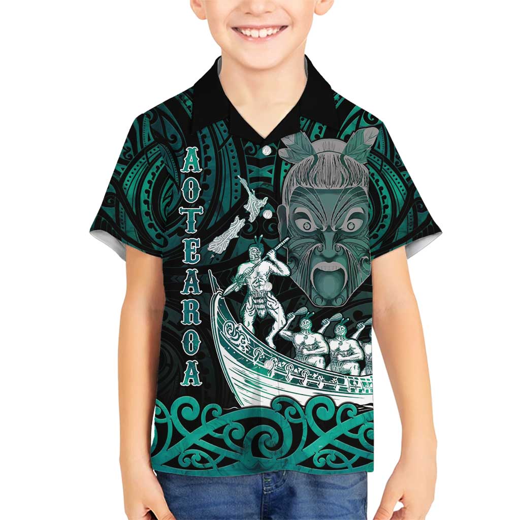 Personalised New Zealand Waka Racing Family Matching Off Shoulder Maxi Dress and Hawaiian Shirt Maori Warriors LT05 Son's Shirt Green - Polynesian Pride