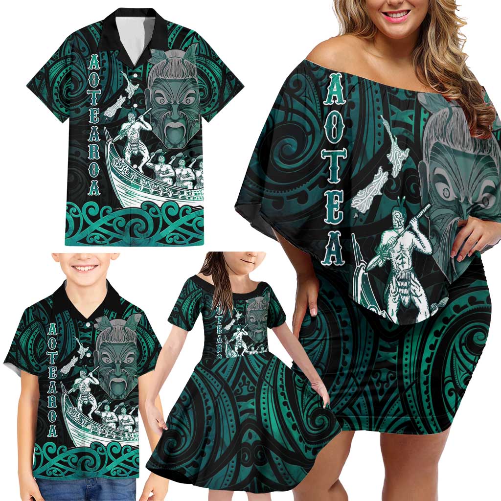 Personalised New Zealand Waka Racing Family Matching Off Shoulder Short Dress and Hawaiian Shirt Maori Warriors LT05 - Polynesian Pride