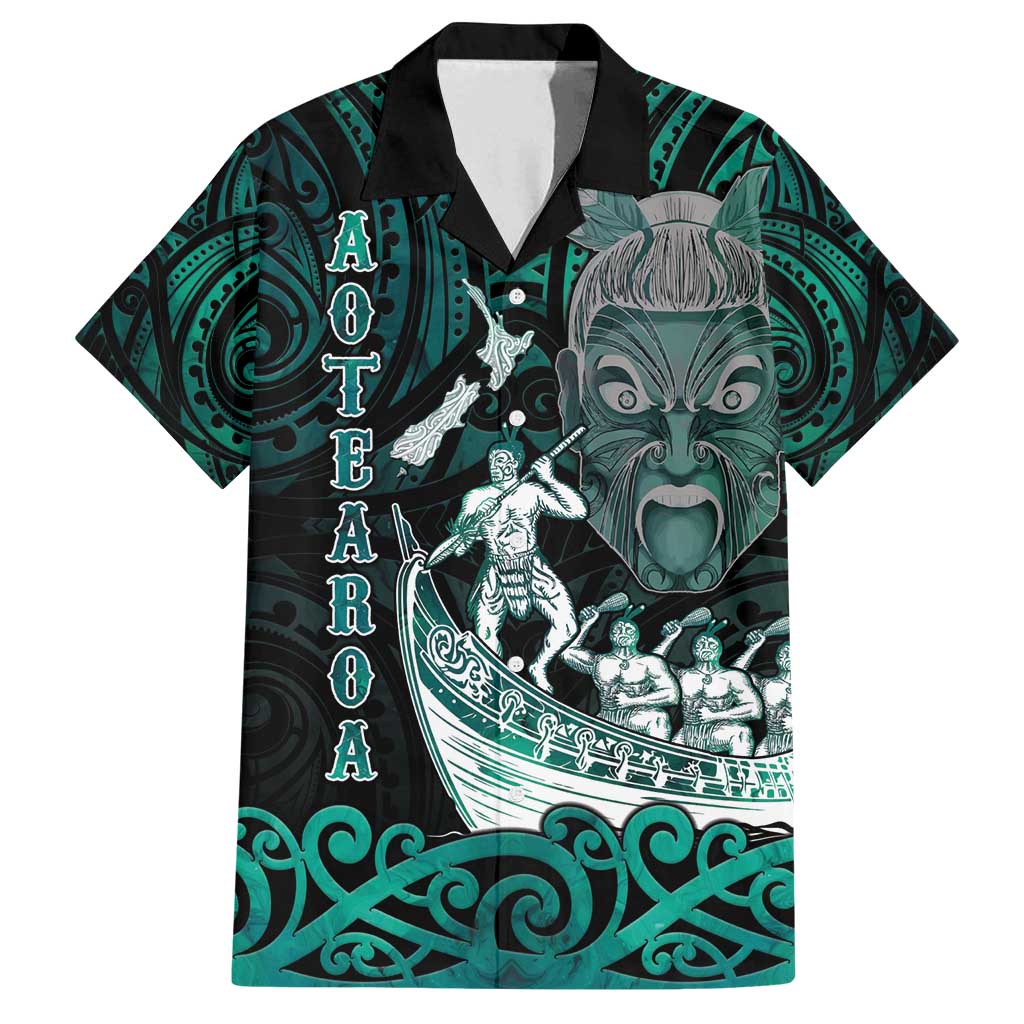 Personalised New Zealand Waka Racing Family Matching Off Shoulder Short Dress and Hawaiian Shirt Maori Warriors LT05 Dad's Shirt - Short Sleeve Green - Polynesian Pride