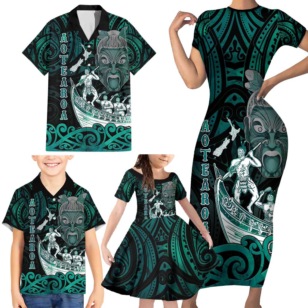 Personalised New Zealand Waka Racing Family Matching Short Sleeve Bodycon Dress and Hawaiian Shirt Maori Warriors LT05 - Polynesian Pride