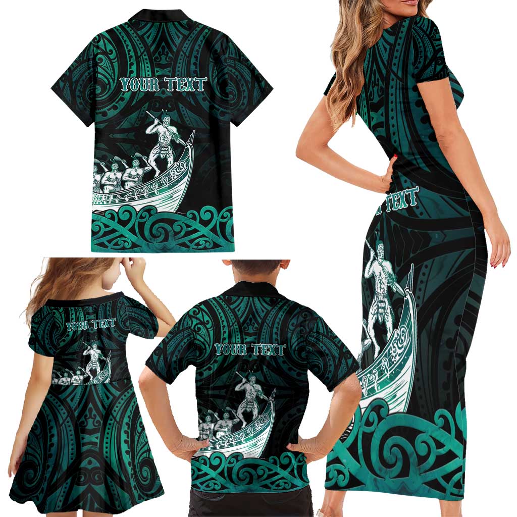 Personalised New Zealand Waka Racing Family Matching Short Sleeve Bodycon Dress and Hawaiian Shirt Maori Warriors LT05 - Polynesian Pride