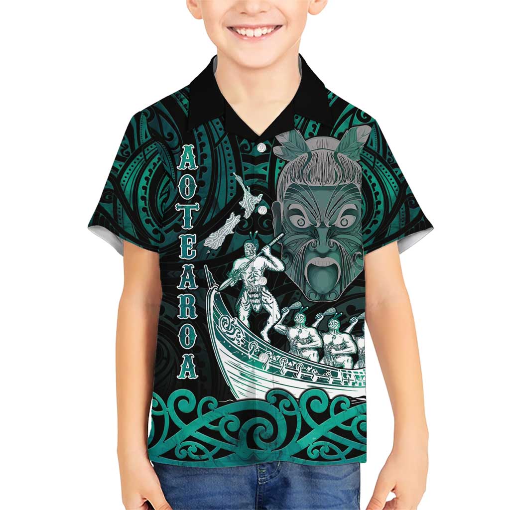 Personalised New Zealand Waka Racing Family Matching Short Sleeve Bodycon Dress and Hawaiian Shirt Maori Warriors LT05 Son's Shirt Green - Polynesian Pride