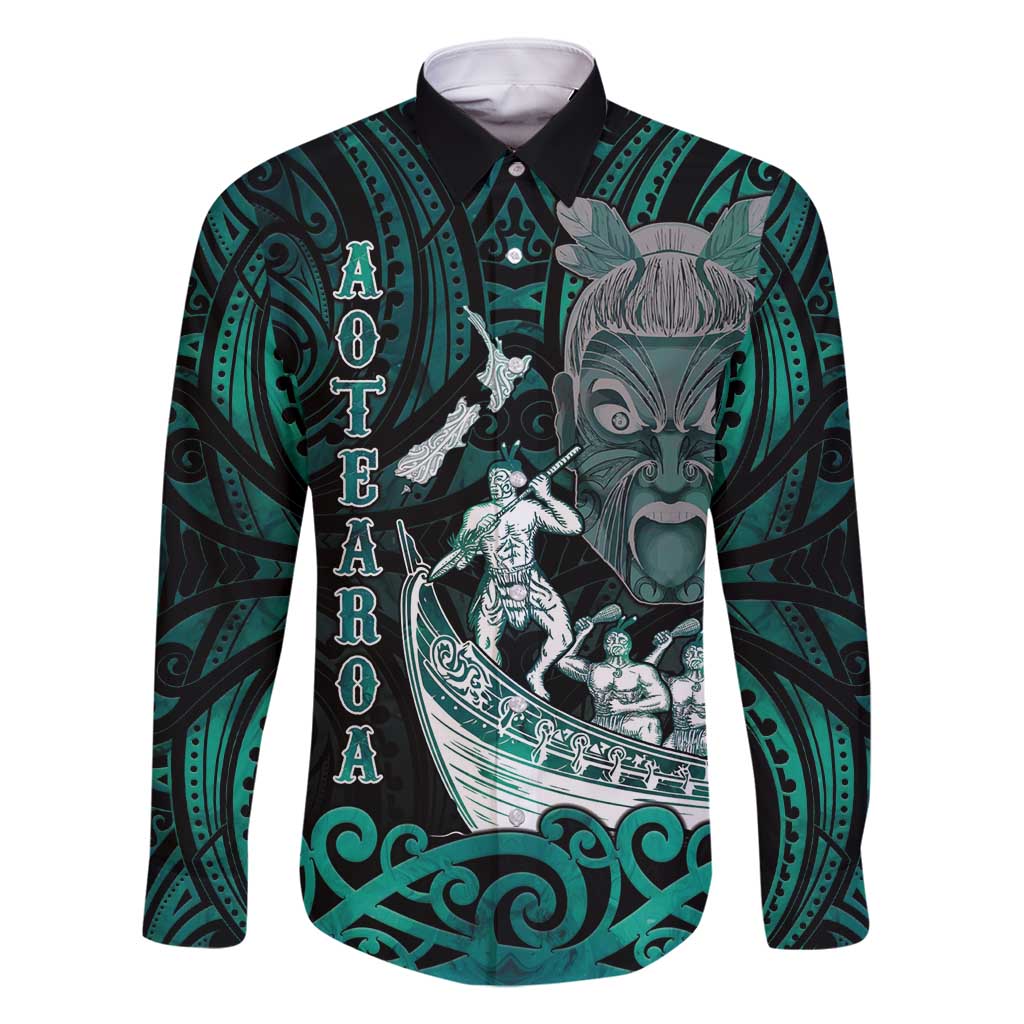 Personalised New Zealand Waka Racing Family Matching Summer Maxi Dress and Hawaiian Shirt Maori Warriors LT05 Dad's Shirt - Long Sleeve Green - Polynesian Pride