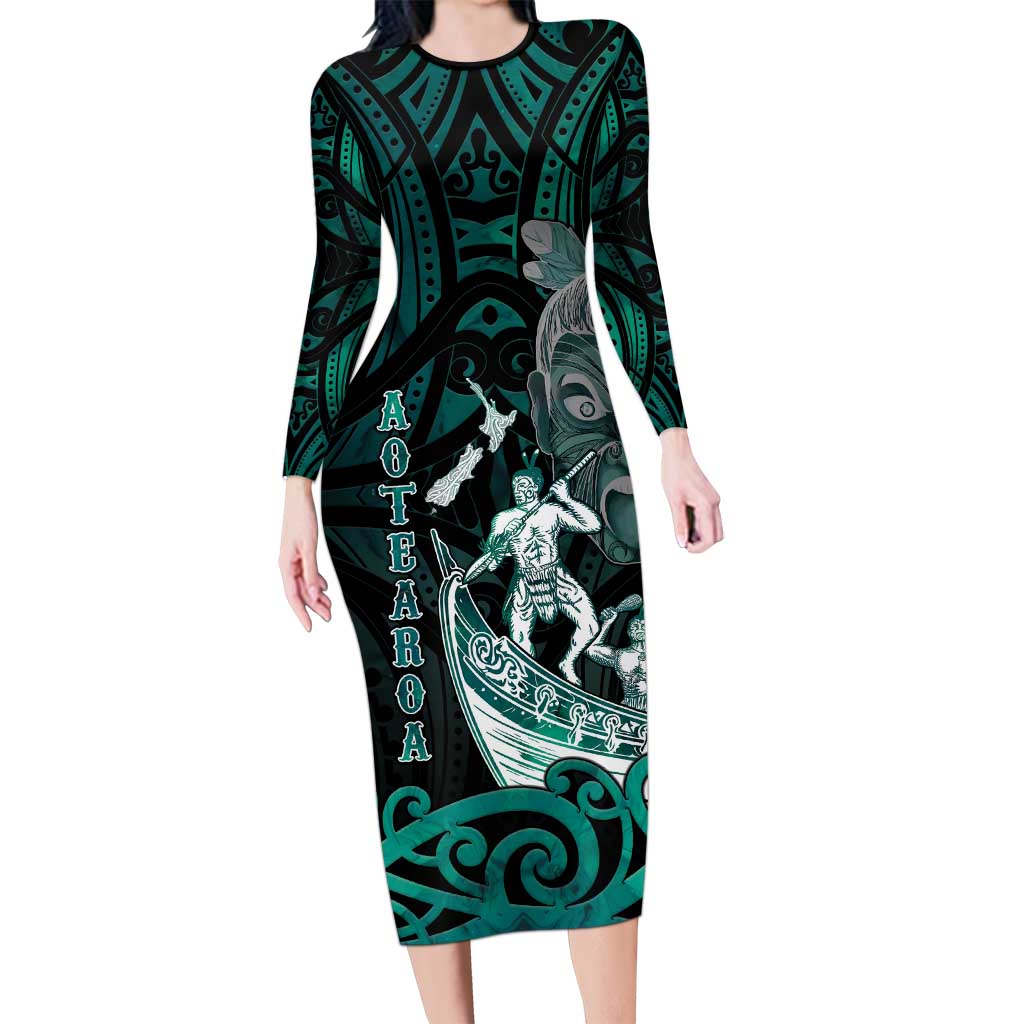 Personalised New Zealand Waka Racing Long Sleeve Bodycon Dress Maori Warriors LT05 Long Dress Green - Polynesian Pride