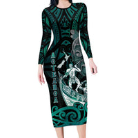Personalised New Zealand Waka Racing Long Sleeve Bodycon Dress Maori Warriors LT05 Long Dress Green - Polynesian Pride