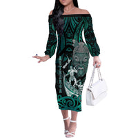 Personalised New Zealand Waka Racing Off The Shoulder Long Sleeve Dress Maori Warriors LT05 Women Green - Polynesian Pride
