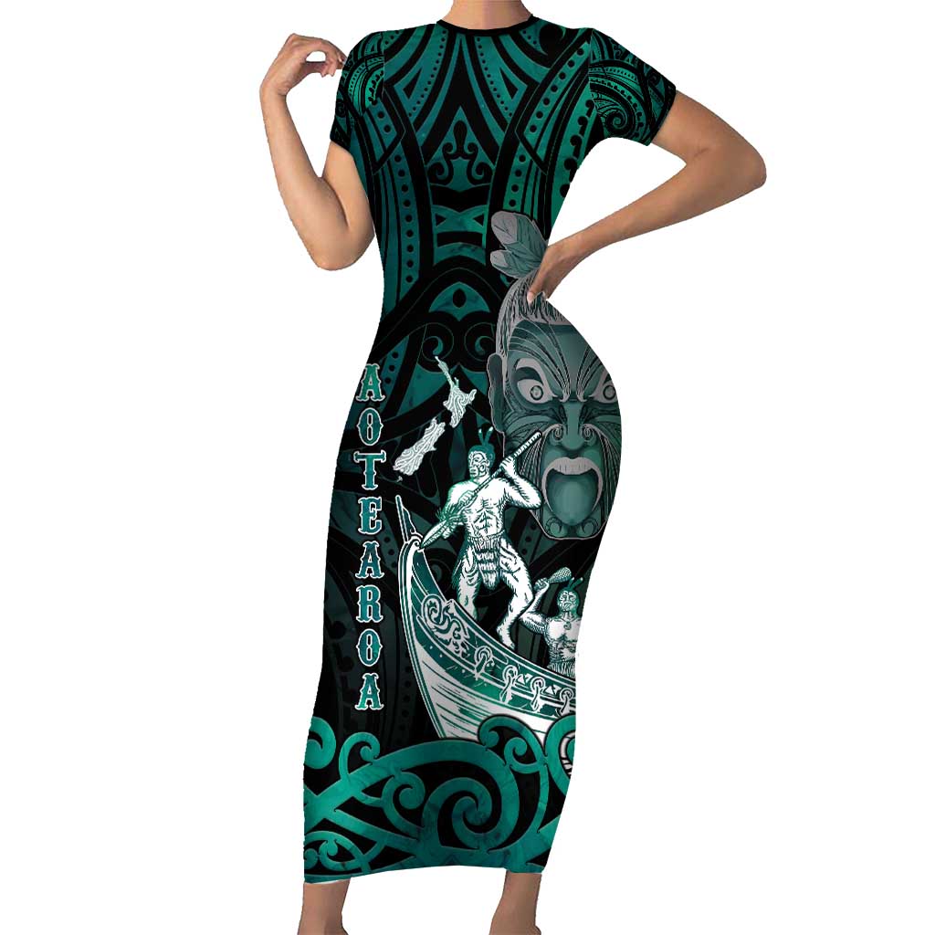 Personalised New Zealand Waka Racing Short Sleeve Bodycon Dress Maori Warriors LT05 Long Dress Green - Polynesian Pride