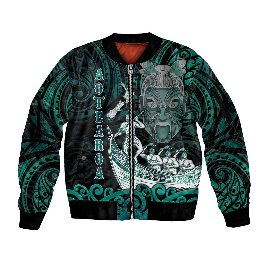 Personalised New Zealand Waka Racing Sleeve Zip Bomber Jacket Maori Warriors LT05 Unisex Green - Polynesian Pride