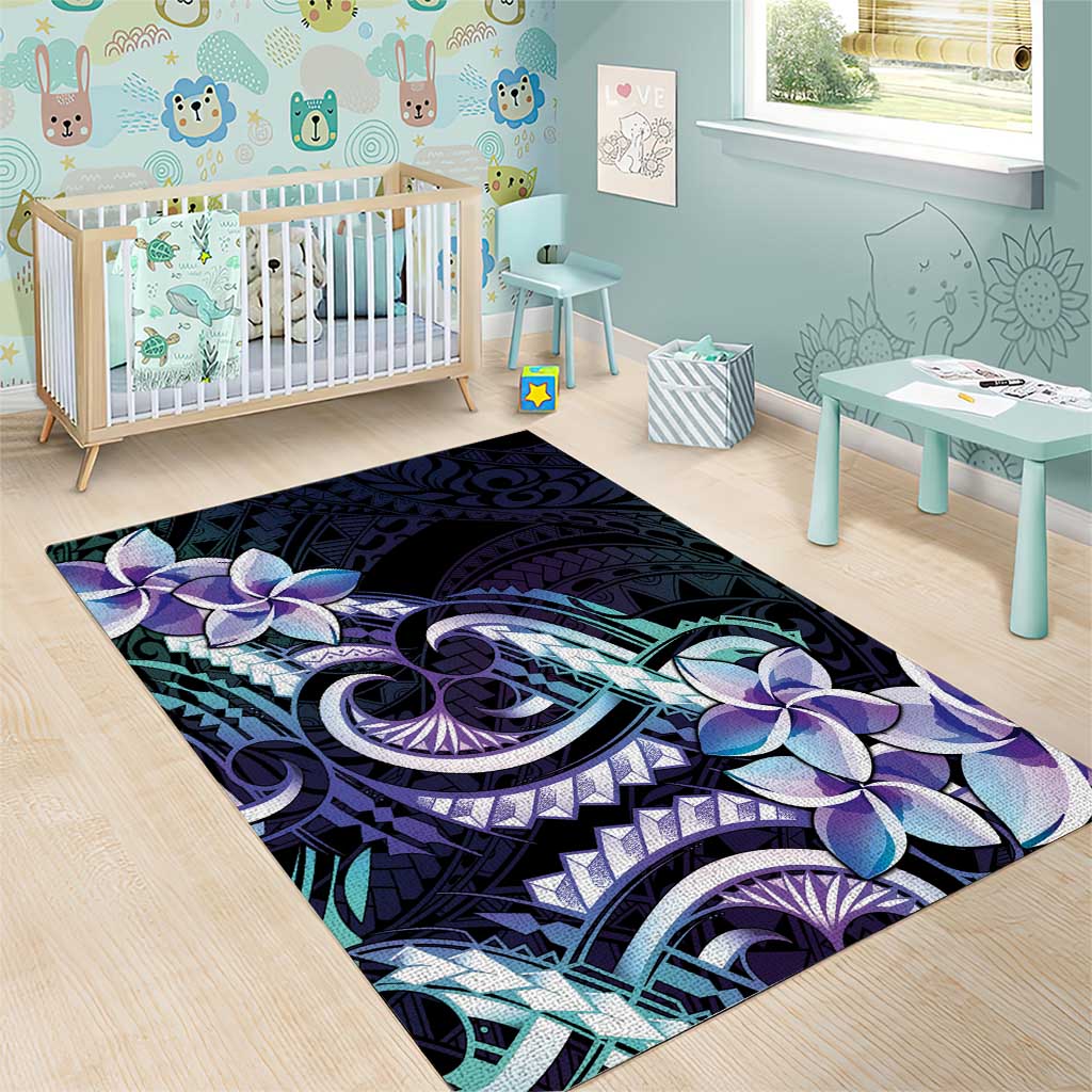 Polynesian Art Tattoo Area Rug Plumeria Flowers Turquoise Gradient