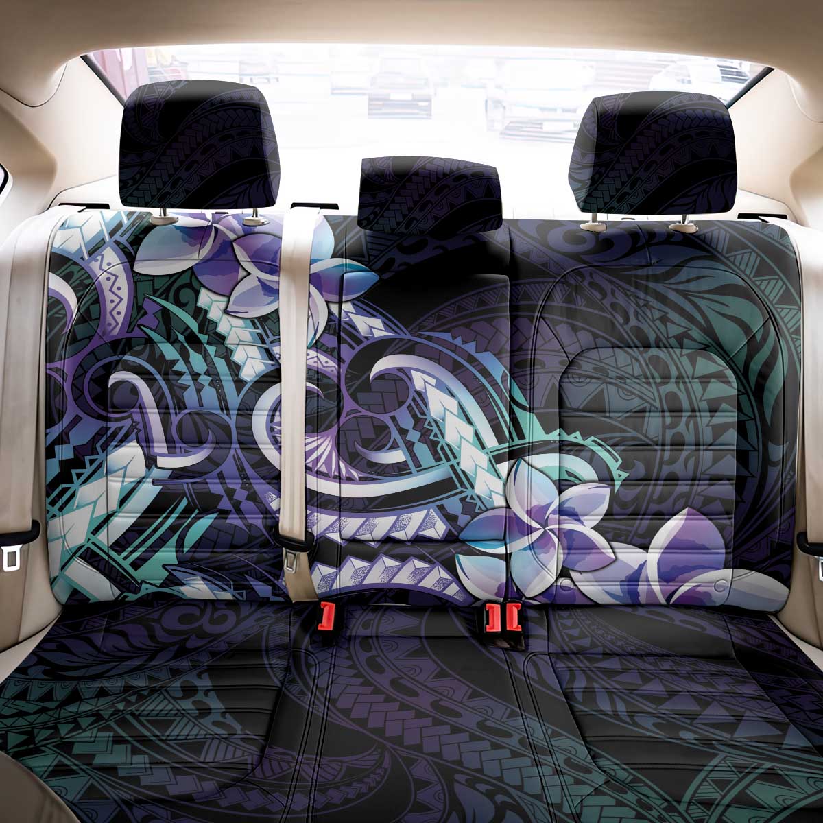 Polynesian Art Tattoo Back Car Seat Cover Plumeria Flowers Turquoise Gradient
