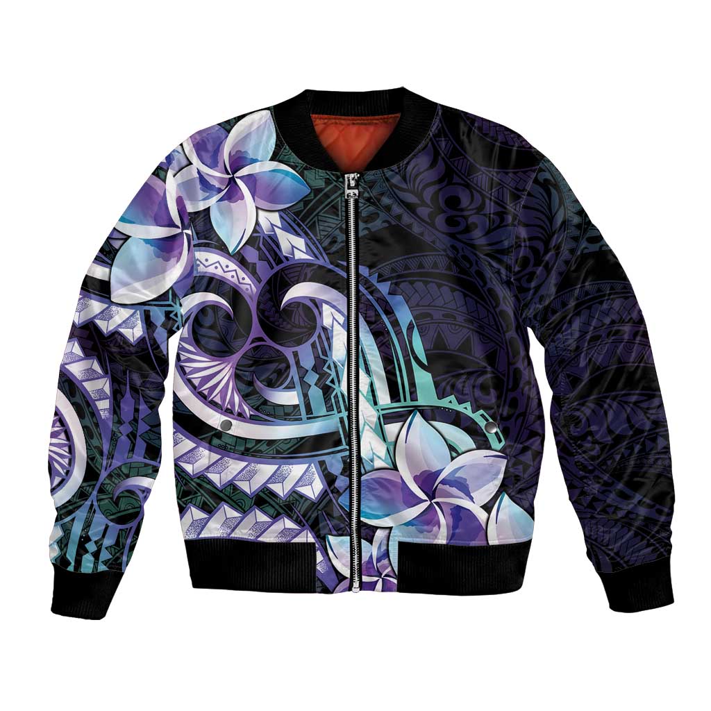 Polynesian Art Tattoo Bomber Jacket Plumeria Flowers Turquoise Gradient LT05 Unisex Turquoise - Polynesian Pride