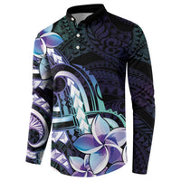 Polynesian Art Tattoo Button Sweatshirt Plumeria Flowers Turquoise Gradient